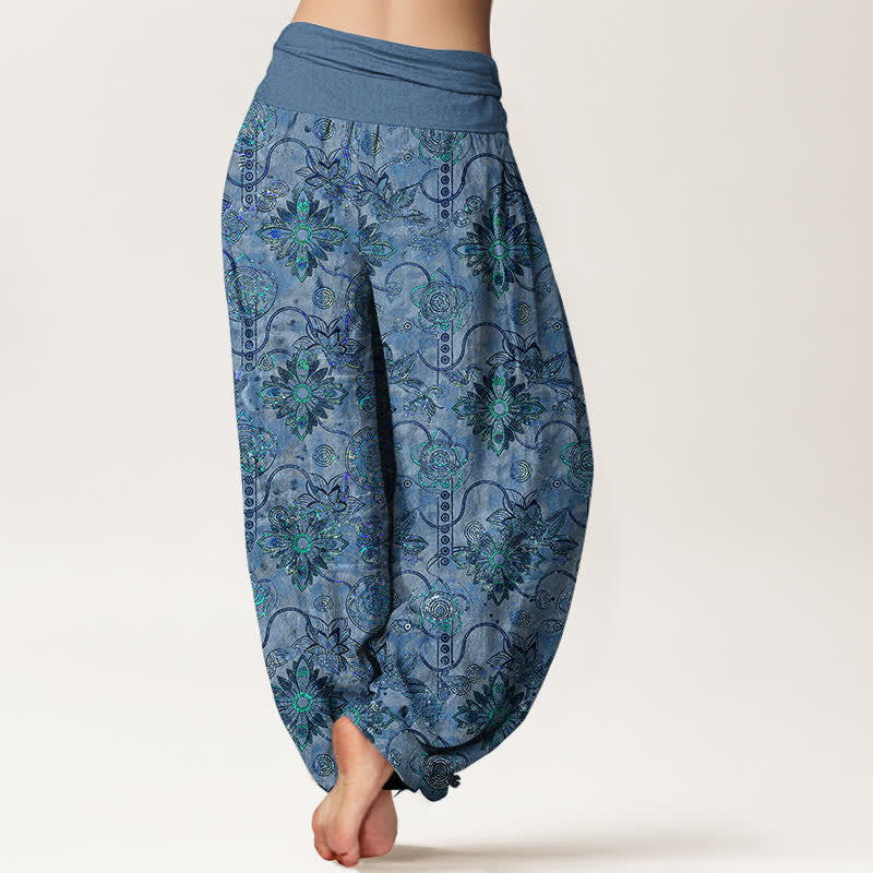 Buddha Stones Pure Cotton Olive Boho Floral Diamond Pattern Women's Elastic Waist Harem Pants - image 9