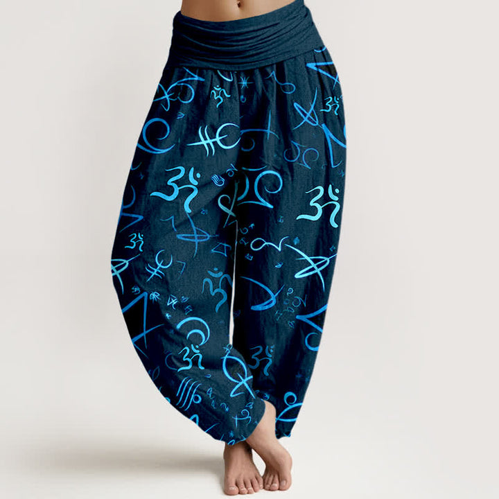 Buddha Stones Pure Cotton Blue OM Symbol Pattern Women's Elastic Waist Harem Pants - RoyalBlue - US16，UK/AU20，EU48 (3XL) - image 5