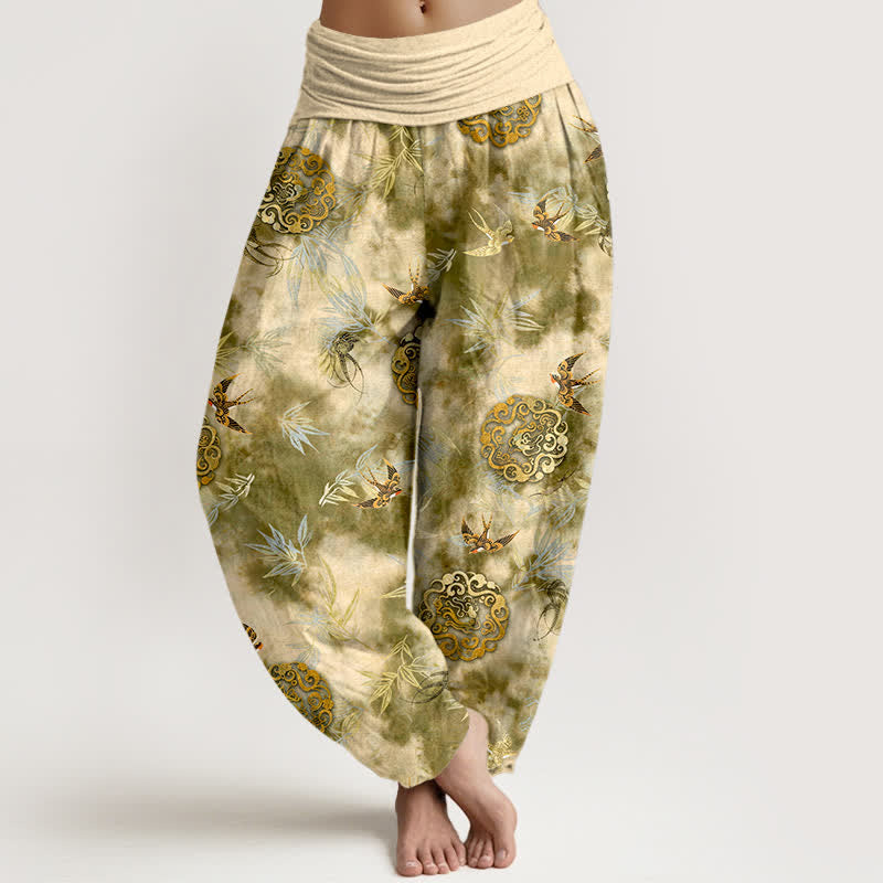 Buddha Stones Pure Cotton Cloud Medallion and Bird Pattern Women's Elastic Waist Harem Pants - Khaki - US16，UK/AU20，EU48 (3XL) - image 0