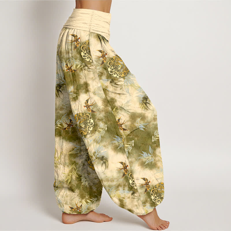 Buddha Stones Pure Cotton Cloud Medallion and Bird Pattern Women's Elastic Waist Harem Pants - image 2