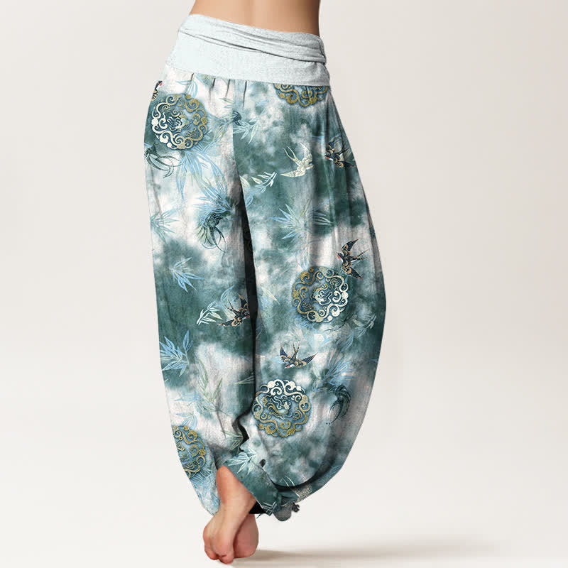 Buddha Stones Pure Cotton Cloud Medallion and Bird Pattern Women's Elastic Waist Harem Pants - image 6