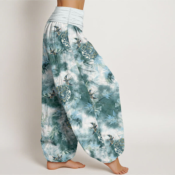 Buddha Stones Pure Cotton Cloud Medallion and Bird Pattern Women's Elastic Waist Harem Pants - image 7