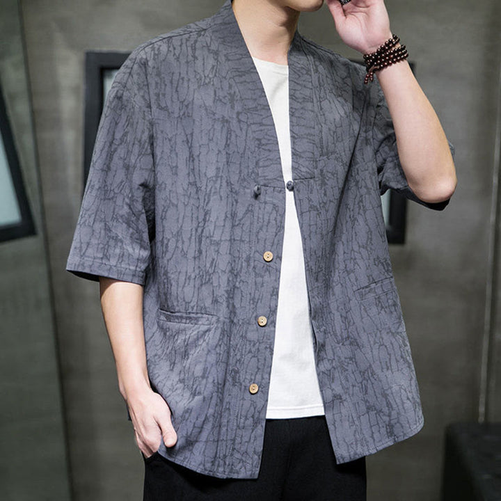 Buddha Stones Summer V-Neck Buttons Shattered Pattern Men's Short Sleeve Shirt With Pockets - image 5