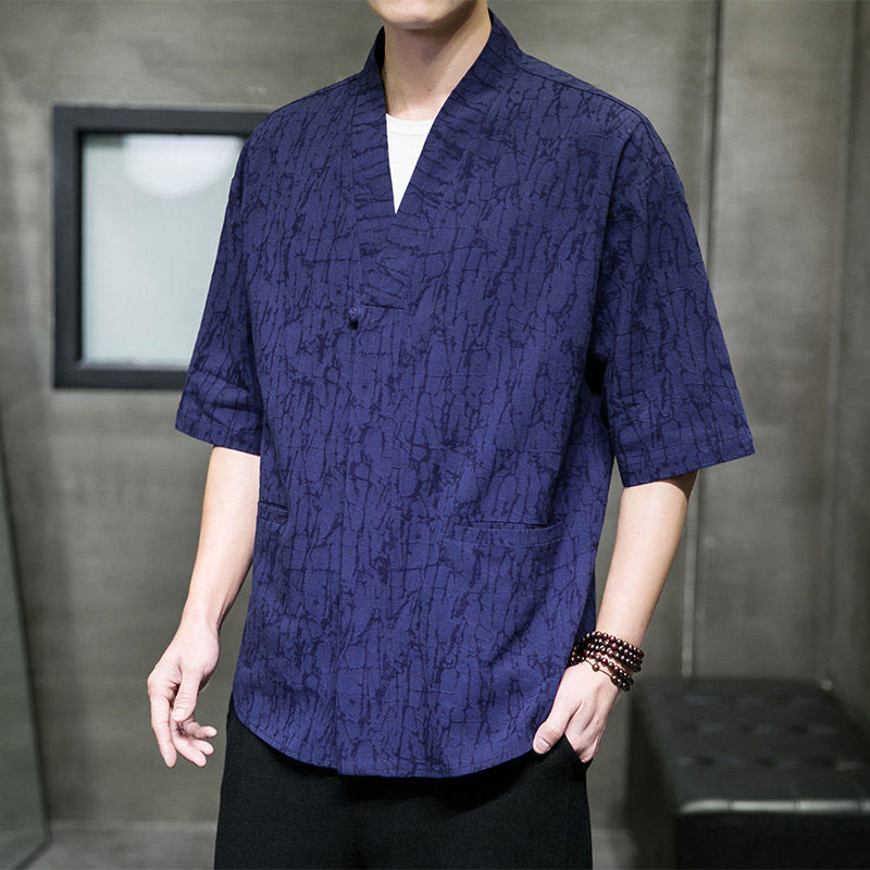 Buddha Stones Summer V-Neck Buttons Shattered Pattern Men's Short Sleeve Shirt With Pockets - image 14