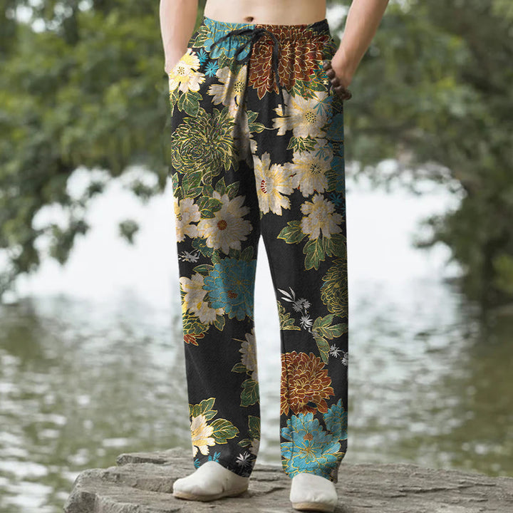 Buddha Stones Cotton Peony Chrysanthemum Turquoise Floral Pattern Men's Tapered Pants With Pockets - Black - US/UK/AU50，EU60 (5XL) - image 0