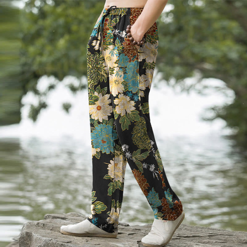 Buddha Stones Cotton Peony Chrysanthemum Turquoise Floral Pattern Men's Tapered Pants With Pockets - image 1