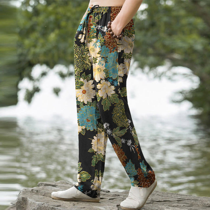 Buddha Stones Cotton Peony Chrysanthemum Turquoise Floral Pattern Men's Tapered Pants With Pockets - image 1