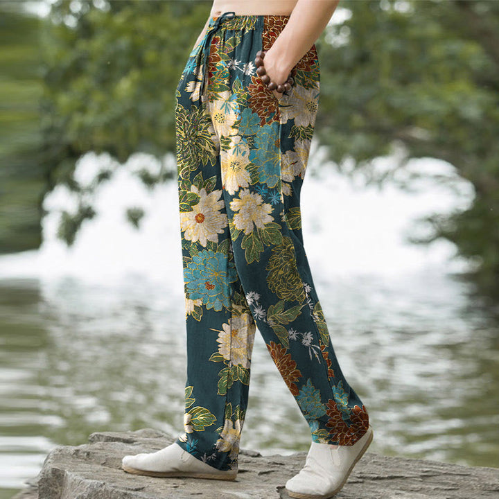 Buddha Stones Cotton Peony Chrysanthemum Turquoise Floral Pattern Men's Tapered Pants With Pockets - image 7