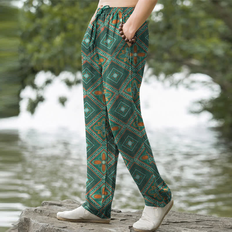 Buddha Stones Cotton Bohemian Diamond Floral Pattern Men's Tapered Pants With Pockets - image 7