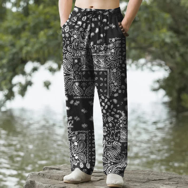 Buddha Stones Cotton Black White Paisley Patchwork Pattern Men's Tapered Pants With Pockets - Black - US/UK/AU50，EU60 (5XL) - image 0