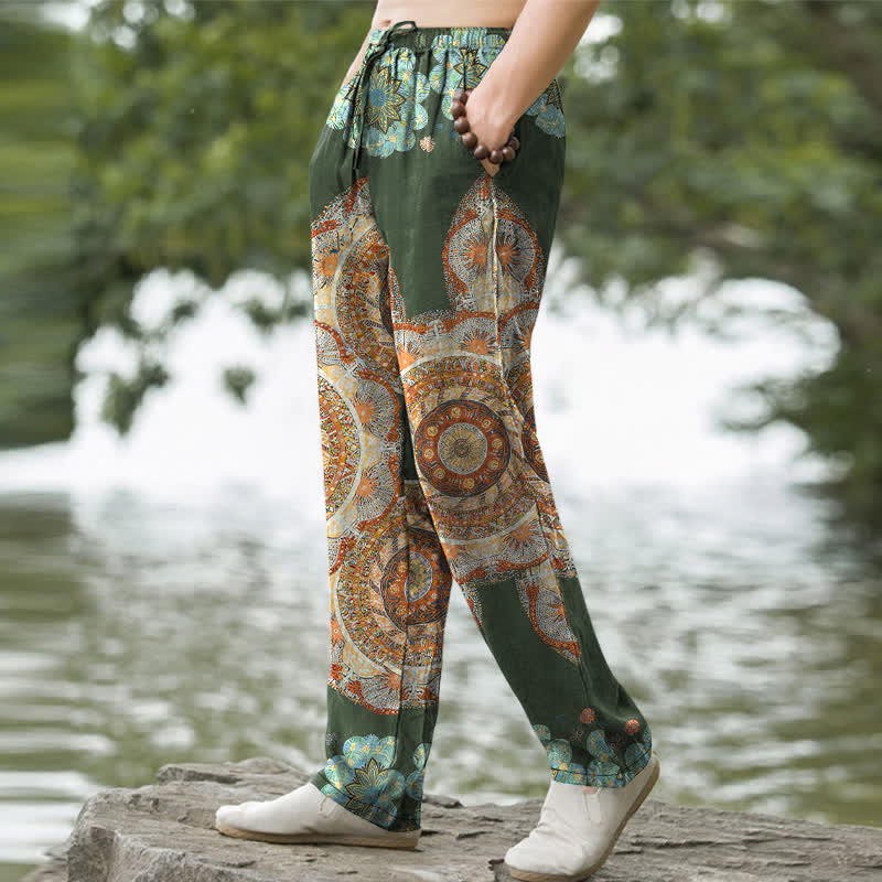 Buddha Stones Pure Cotton Mandala Floral Pattern Men's Tapered Pants With Pockets - image 5