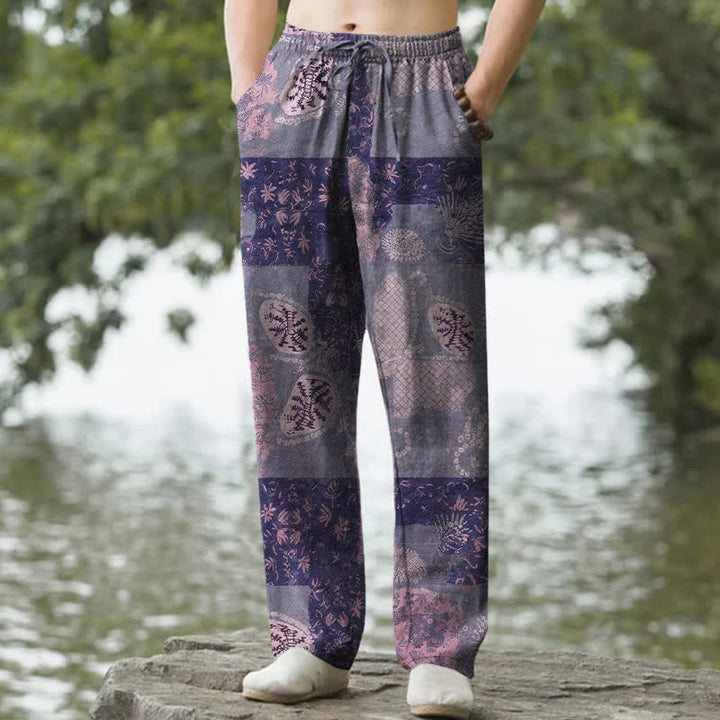 Buddha Stones Cotton Boho Patchwork Floral Pattern Men's Tapered Pants With Pockets - Indigo - US/UK/AU50，EU60 (5XL) - image 6