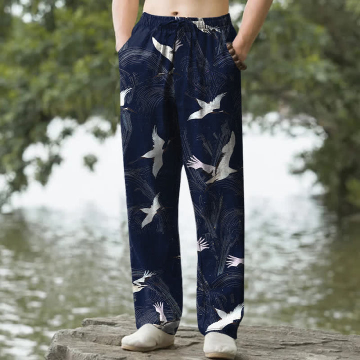 Buddha Stones Cotton White Crane Ink Wave Pattern Men's Tapered Pants With Pockets - Navy - US/UK/AU50，EU60 (5XL) - image 4