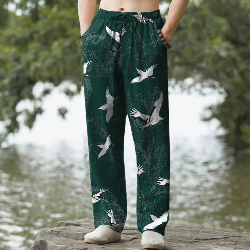 Buddha Stones Cotton White Crane Ink Wave Pattern Men's Tapered Pants With Pockets - ForestGreen - US/UK/AU50，EU60 (5XL) - image 6