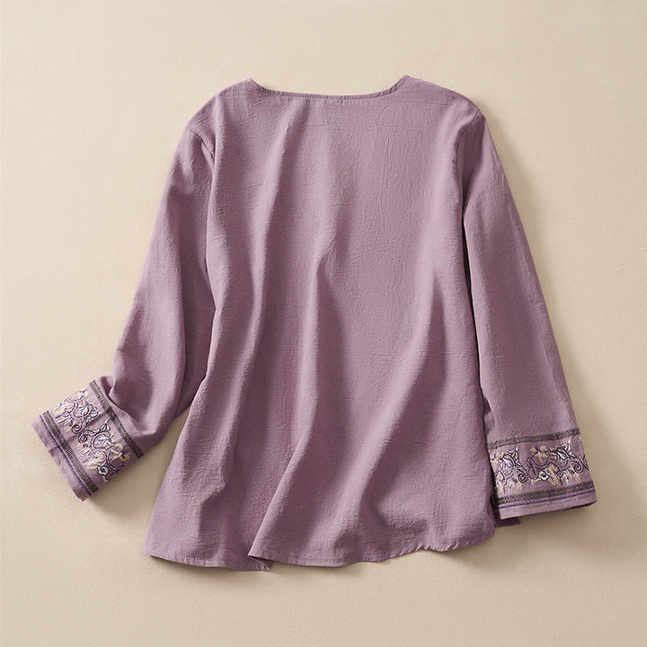 Buddha Stones Casual Embroidered Flowers Slant Collar Strap Long Sleeve Women's Shirt - image 18