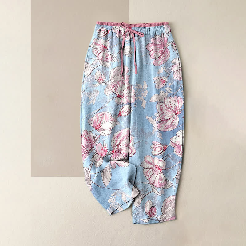 Buddha Stones Pure Cotton Romantic Pink Floral Pattern Women's Elastic Waist Pants With Pockets - LightBlue - US16，UK/AU20，EU48 (3XL) - image 0