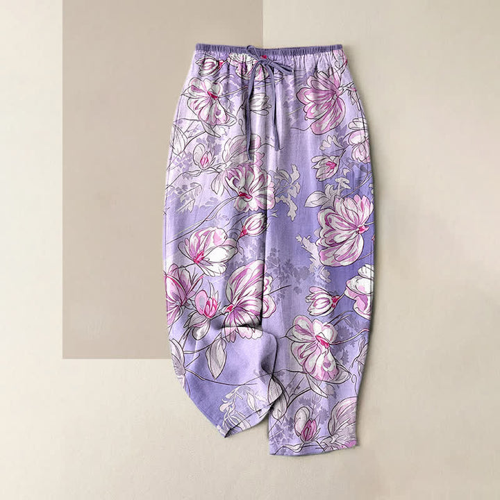 Buddha Stones Pure Cotton Romantic Pink Floral Pattern Women's Elastic Waist Pants With Pockets - MediumPurple - US16，UK/AU20，EU48 (3XL) - image 3