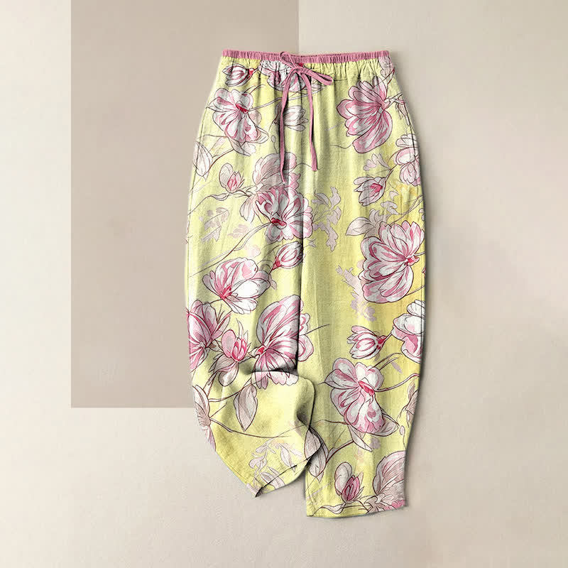 Buddha Stones Pure Cotton Romantic Pink Floral Pattern Women's Elastic Waist Pants With Pockets - Yellow - US16，UK/AU20，EU48 (3XL) - image 4