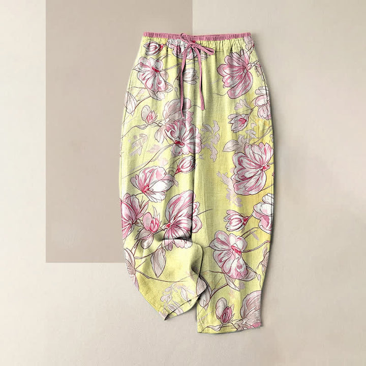 Buddha Stones Pure Cotton Romantic Pink Floral Pattern Women's Elastic Waist Pants With Pockets - Yellow - US16，UK/AU20，EU48 (3XL) - image 4