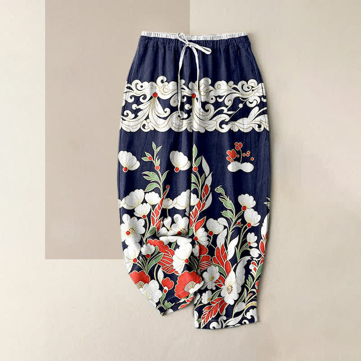 Buddha Stones Pure Cotton Bohemian Floral Cloud Pattern Women's Elastic Waist Pants With Pockets - Navy - US16，UK/AU20，EU48 (3XL) - image 0