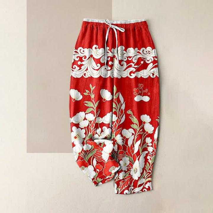 Buddha Stones Pure Cotton Bohemian Floral Cloud Pattern Women's Elastic Waist Pants With Pockets - Red - US16，UK/AU20，EU48 (3XL) - image 3