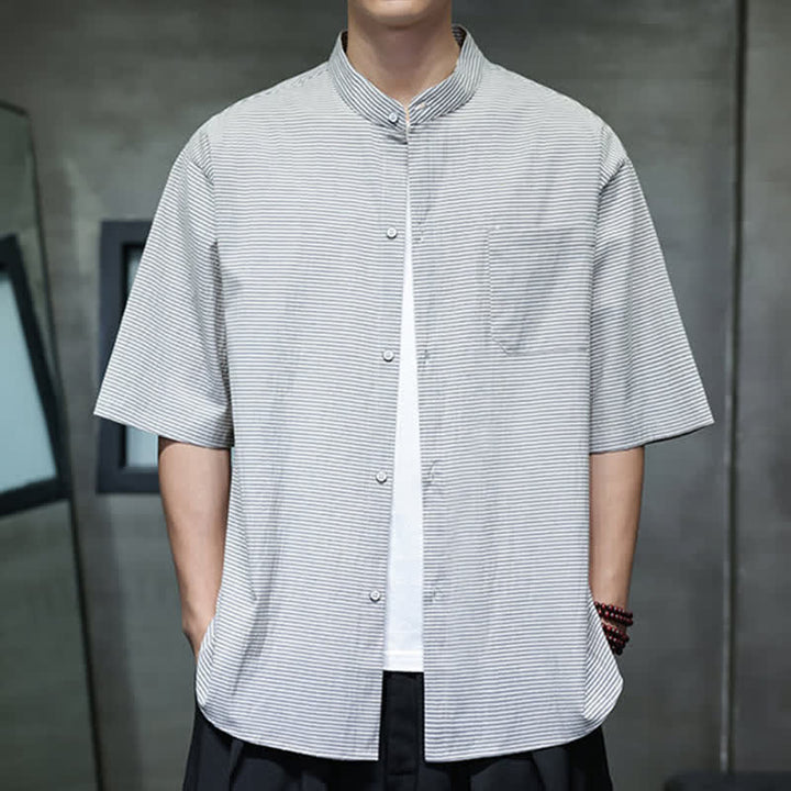 Buddha Stones Summer Casual Mandarin Collar Pinstripe Pattern Button Up Men's Short Sleeve Shirts - LightGray - US/UK/AU46，EU56 (5XL) - image 0