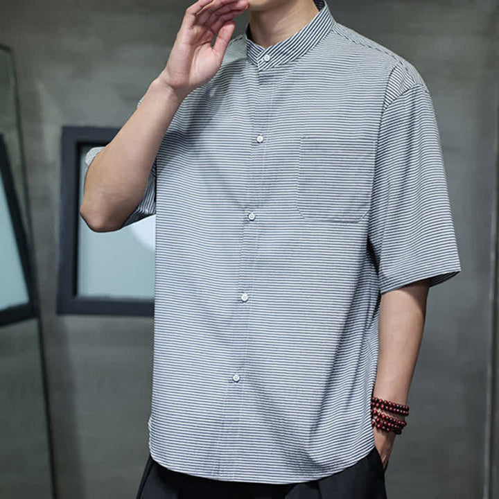 Buddha Stones Summer Casual Mandarin Collar Pinstripe Pattern Button Up Men's Short Sleeve Shirts - image 11