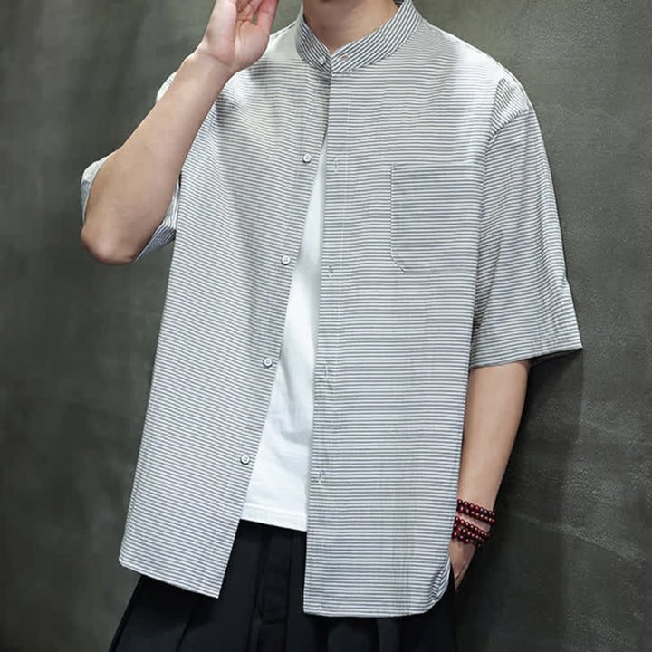 Buddha Stones Summer Casual Mandarin Collar Pinstripe Pattern Button Up Men's Short Sleeve Shirts - image 3