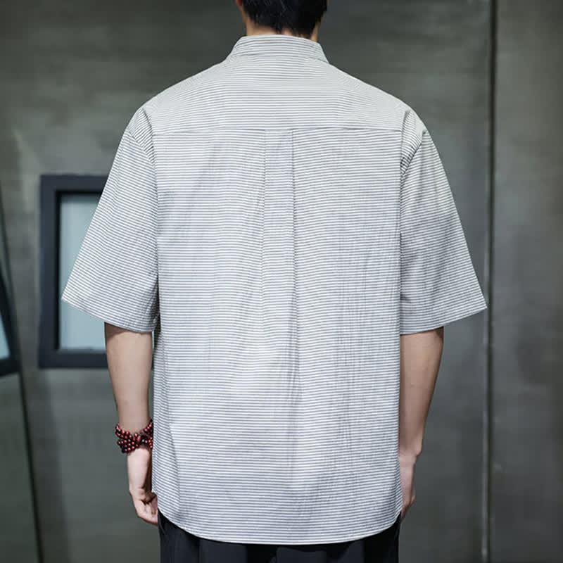 Buddha Stones Summer Casual Mandarin Collar Pinstripe Pattern Button Up Men's Short Sleeve Shirts - image 1