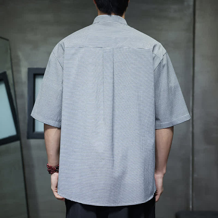 Buddha Stones Summer Casual Mandarin Collar Pinstripe Pattern Button Up Men's Short Sleeve Shirts - image 9