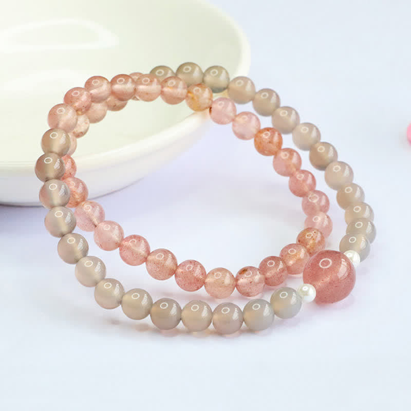 Buddha Stones Strawberry Quartz Gray Agate Double Wrap Positive Bracelet - Strawberry Quartz(Wrist Circumference:14–15 cm) - image 0