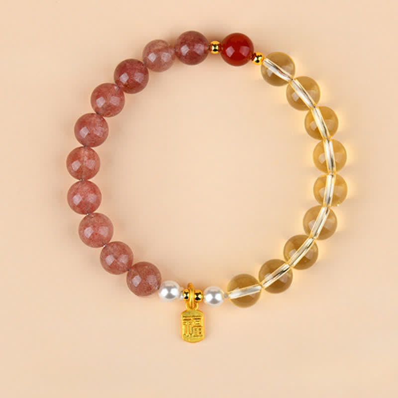 Buddha Stones Strawberry Quartz Citrine Five Elements Fu Character Luck Bracelet - Fire Metal Earth(Wrist Circumference:15–16 cm) - image 0