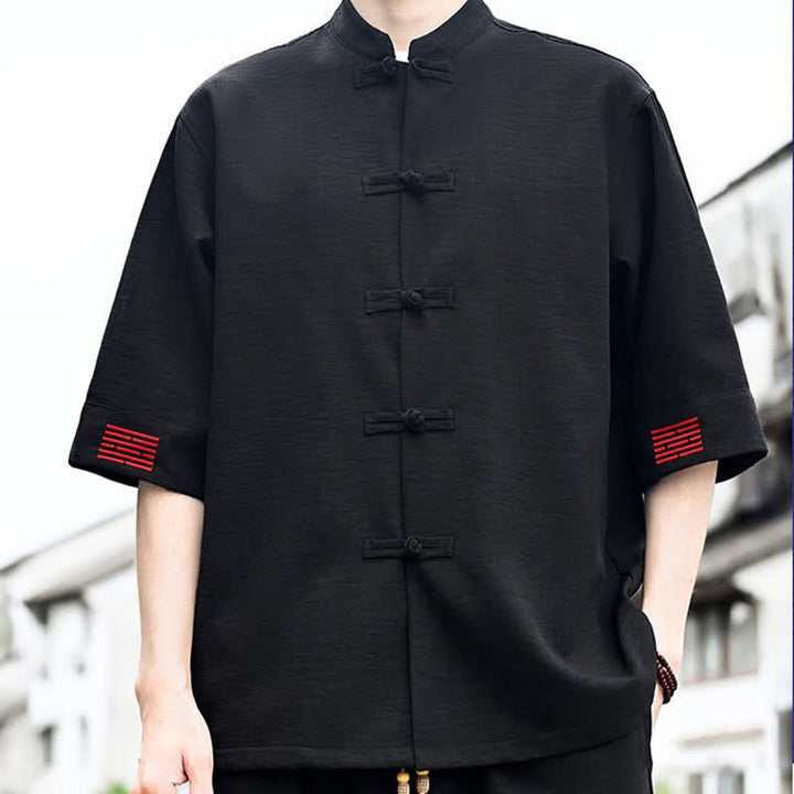 Buddha Stones Summer Tang Style Frog Button Solid Men's Short Sleeve Shirts - image 2