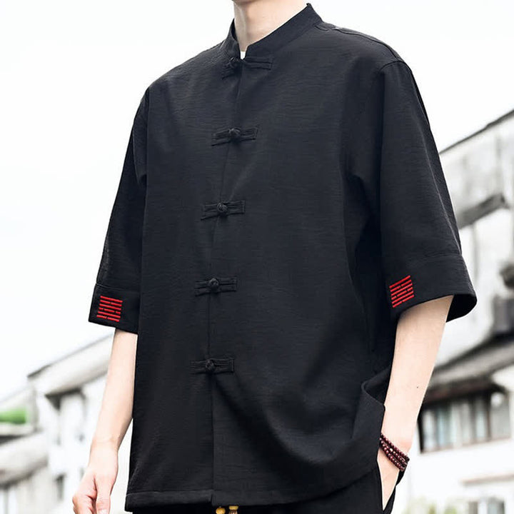 Buddha Stones Summer Tang Style Frog Button Solid Men's Short Sleeve Shirts - image 4