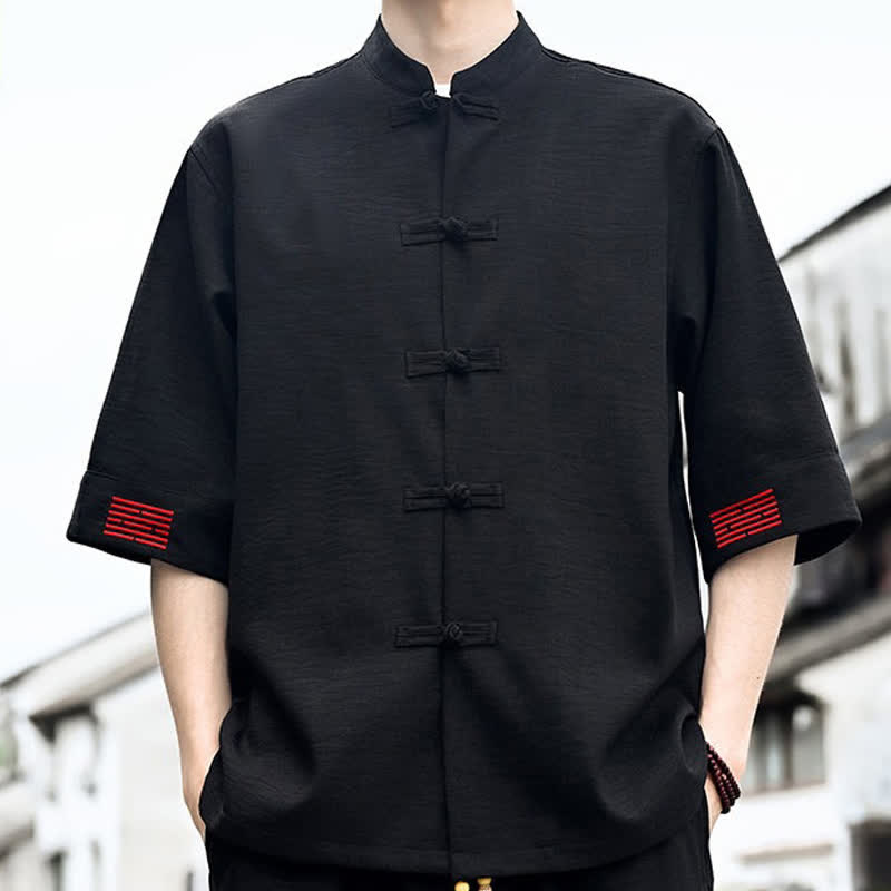 Buddha Stones Summer Tang Style Frog Button Solid Men's Short Sleeve Shirts - image 3