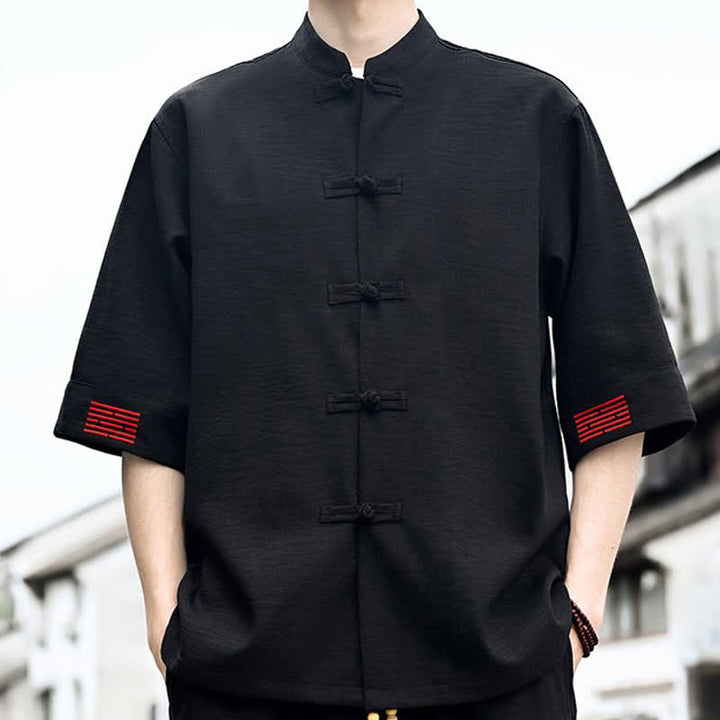 Buddha Stones Summer Tang Style Frog Button Solid Men's Short Sleeve Shirts - image 3