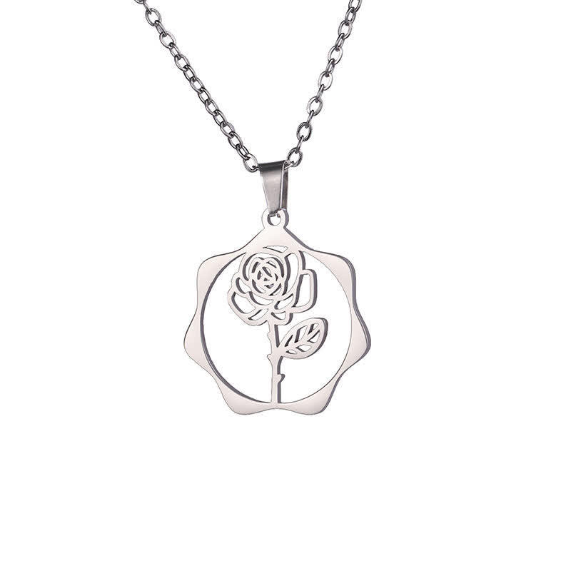 Buddha Stones Titanium Steel Birth Flower Lotus Enlightenment Pendant Necklace - Rose - Silvery Titanium Steel - image 25