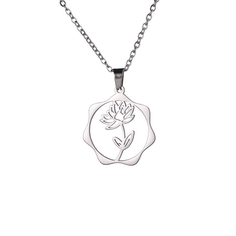 Buddha Stones Titanium Steel Birth Flower Lotus Enlightenment Pendant Necklace - Lotus - Silvery Titanium Steel - image 0