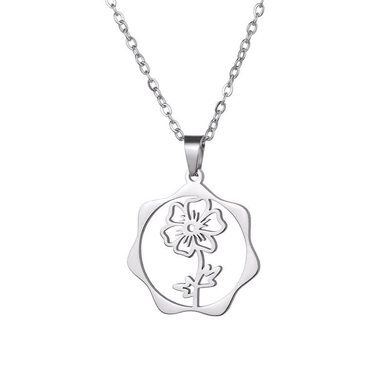 Buddha Stones Titanium Steel Birth Flower Lotus Enlightenment Pendant Necklace - Cosmos - Silvery Titanium Steel - image 19