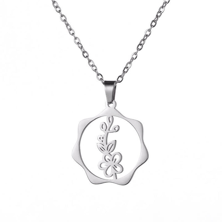 Buddha Stones Titanium Steel Birth Flower Lotus Enlightenment Pendant Necklace - Hawthorn Flower - Silvery Titanium Steel - image 2
