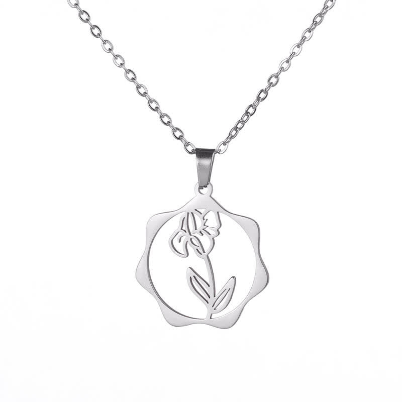 Buddha Stones Titanium Steel Birth Flower Lotus Enlightenment Pendant Necklace - Iris - Silvery Titanium Steel - image 17