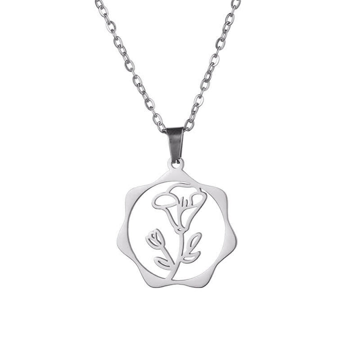 Buddha Stones Titanium Steel Birth Flower Lotus Enlightenment Pendant Necklace - Morning Glory - Silvery Titanium Steel - image 21