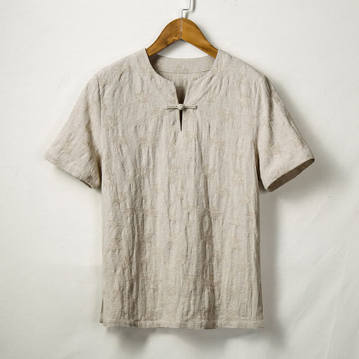 Buddha Stones Summer Tang Style One Frog Button Solid Leaf Texture Men's Short Sleeve Shirts - Linen - US/UK/AU44，EU54 (4XL) - image 0