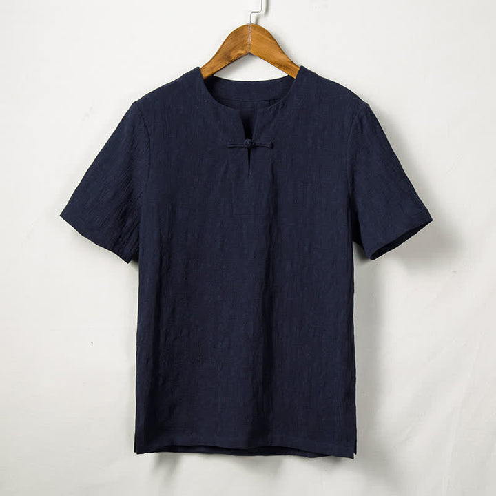 Buddha Stones Summer Tang Style One Frog Button Solid Leaf Texture Men's Short Sleeve Shirts - MidnightBlue - US/UK/AU44，EU54 (4XL) - image 4