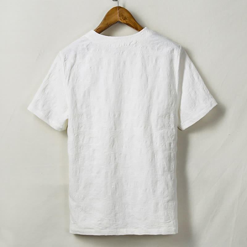Buddha Stones Summer Tang Style One Frog Button Solid Leaf Texture Men's Short Sleeve Shirts - image 3