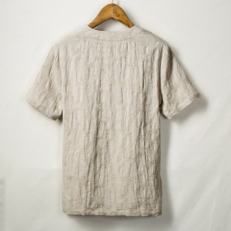 Buddha Stones Summer Tang Style One Frog Button Solid Leaf Texture Men's Short Sleeve Shirts - image 1