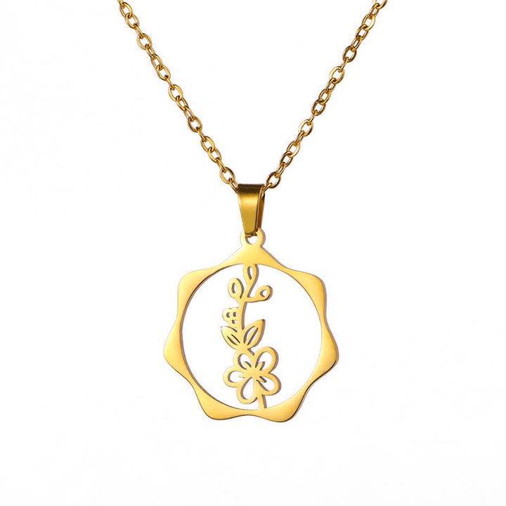 Buddha Stones Titanium Steel Birth Flower Lotus Enlightenment Pendant Necklace - Hawthorn Flower - Golden Titanium Steel - image 4