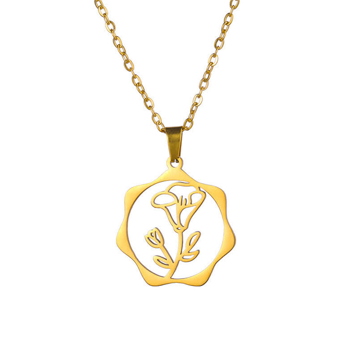 Buddha Stones Titanium Steel Birth Flower Lotus Enlightenment Pendant Necklace - Morning Glory - Golden Titanium Steel - image 22