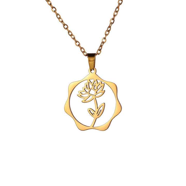 Buddha Stones Titanium Steel Birth Flower Lotus Enlightenment Pendant Necklace - Lotus - Golden Titanium Steel - image 1