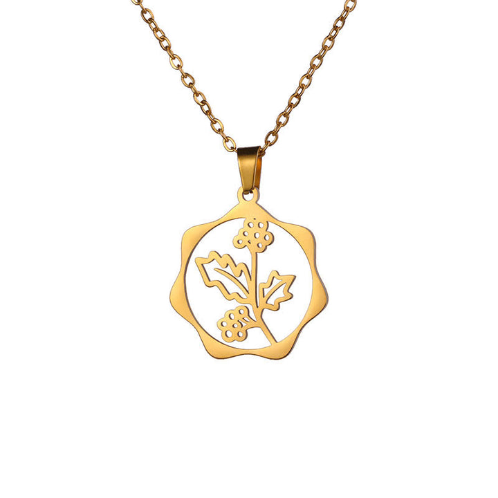 Buddha Stones Titanium Steel Birth Flower Lotus Enlightenment Pendant Necklace - Holly - Golden Titanium Steel - image 24